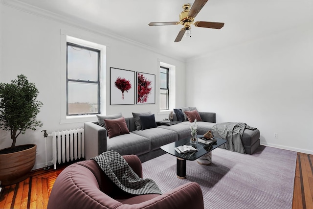 1204 Central Ave Unit 4C, Union City, NJ 07087 - living area with radiator, crown molding, hardwood / wood-style flooring, ceiling fan, and baseboards