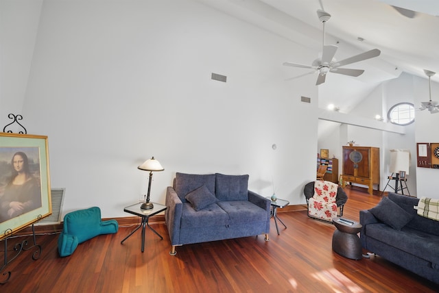 living room featuring visible vents, high vaulted ceiling, ceiling fan, and wood finished floors