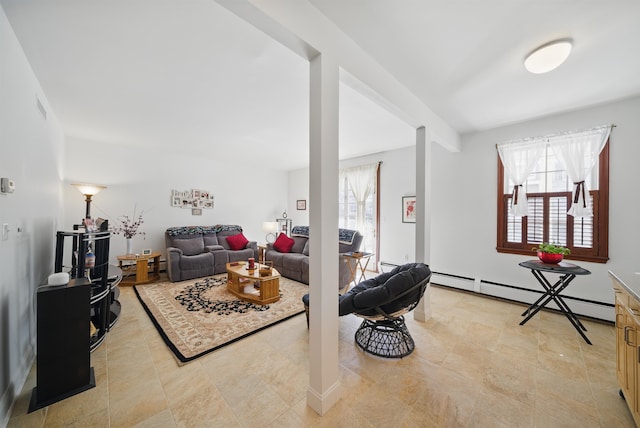 living room featuring a baseboard radiator and visible vents