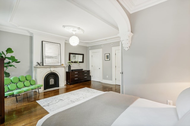 bedroom featuring dark wood-type flooring and ornamental molding