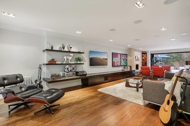 living room with a large fireplace, light wood-type flooring, and ornamental molding