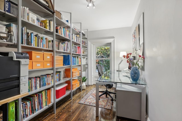 home office featuring dark hardwood / wood-style flooring