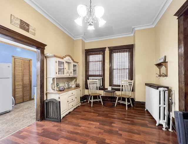 living area with ornamental molding, dark hardwood / wood-style floors, radiator, and a chandelier