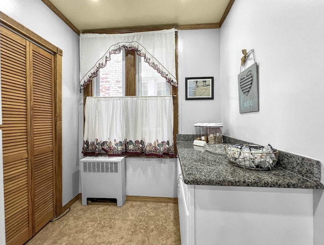 bathroom with vanity, radiator, and crown molding