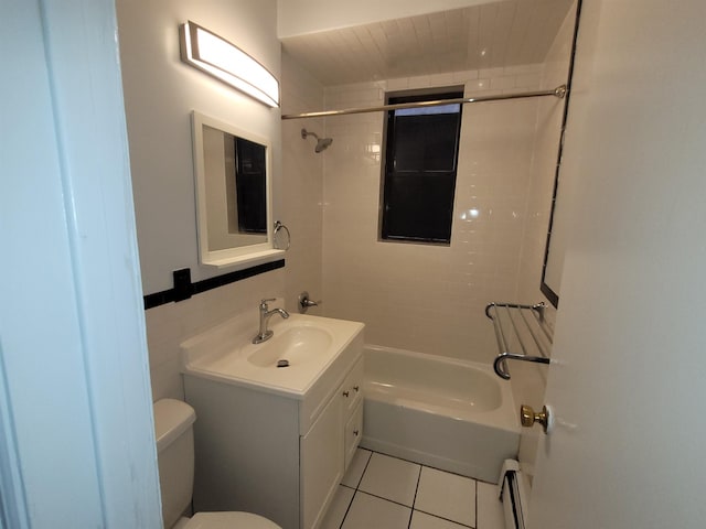 bathroom with toilet, shower / bathing tub combination, tile patterned floors, vanity, and a baseboard radiator