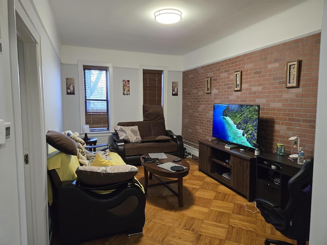 living room with brick wall