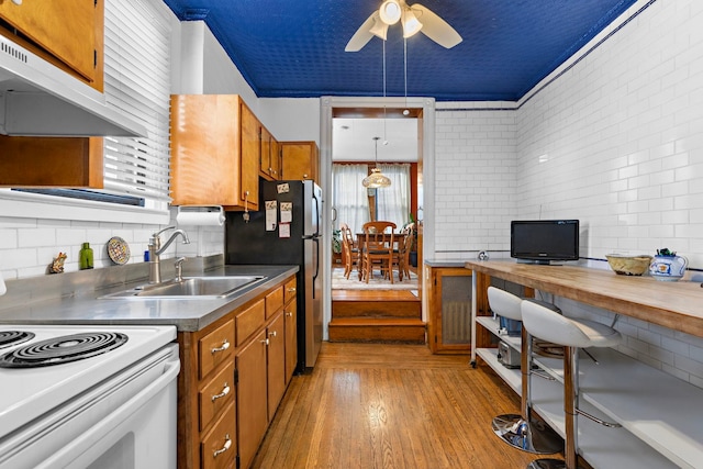 kitchen with sink, decorative light fixtures, tasteful backsplash, light hardwood / wood-style floors, and electric stove