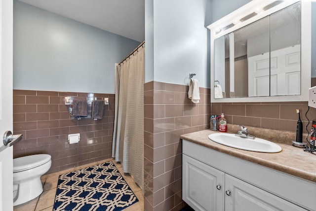 8915 Bergenwood Ave Unit 37, North Bergen, NJ 07047 - bathroom featuring tile walls, vanity, tile patterned flooring, a wainscoted wall, and a shower with shower curtain
