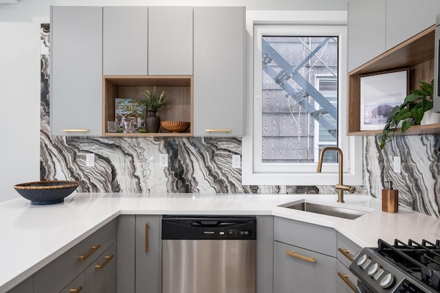 kitchen featuring sink, gray cabinets, backsplash, and appliances with stainless steel finishes