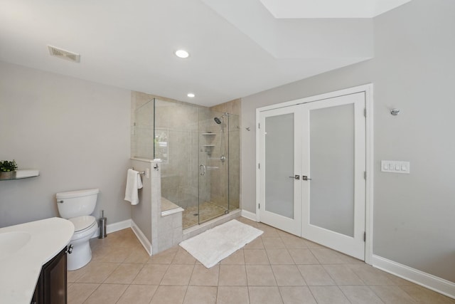 12 Stephen Pl, Little Falls, NJ 07424 - full bathroom with french doors, toilet, a shower stall, tile patterned floors, and recessed lighting