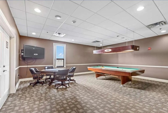 104 Tidewater St Unit 1A, Jersey City, NJ 07302 - game room with carpet flooring, pool table, a drop ceiling, and recessed lighting