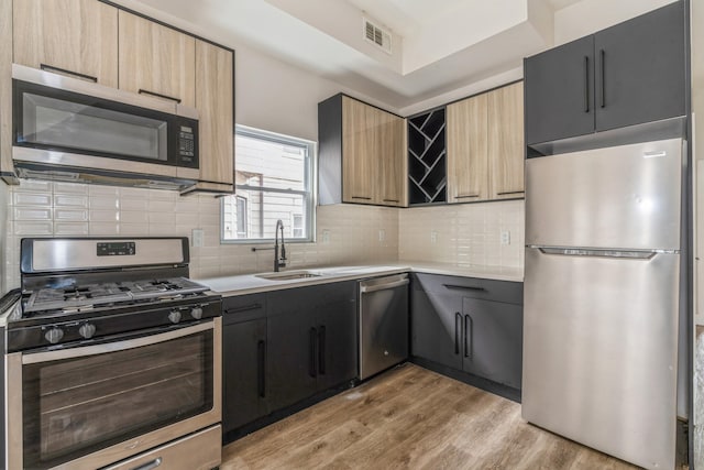 kitchen featuring a sink, light countertops, light wood finished floors, and stainless steel appliances