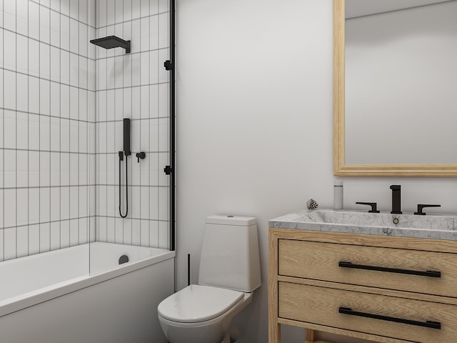 full bathroom featuring toilet, tiled shower / bath combo, and vanity