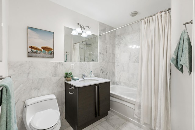 10 Regent St Unit 817, Jersey City, NJ 07302 - bathroom with vanity, tile walls, shower / bathtub combination with curtain, and marble finish floors