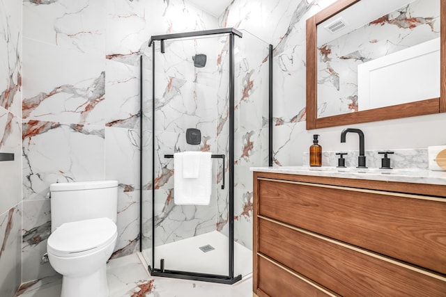 bathroom featuring a marble finish shower, visible vents, marble finish floor, vanity, and stone wall