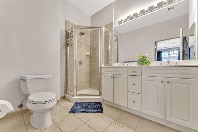 1200 Grand St Unit 220, Hoboken, NJ 07030 - bathroom featuring a stall shower, double vanity, tile patterned flooring, and lofted ceiling
