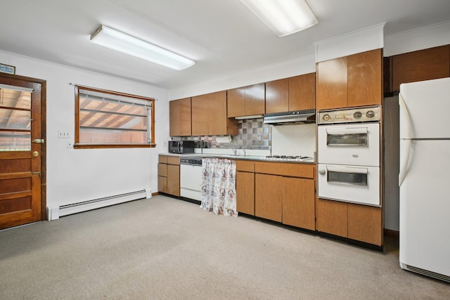 1508 77th St, North Bergen, NJ 07047 - kitchen featuring white appliances, a baseboard radiator, under cabinet range hood, brown cabinets, and tasteful backsplash