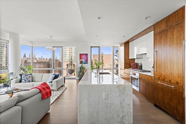 75 Park Ln S Unit 706, Jersey City, NJ 07310 - kitchen featuring an inviting chandelier, wood finished floors, open floor plan, a sink, and appliances with stainless steel finishes