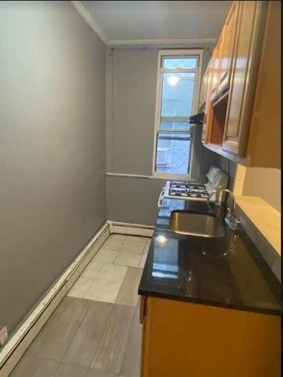 kitchen with a baseboard heating unit, sink, and crown molding