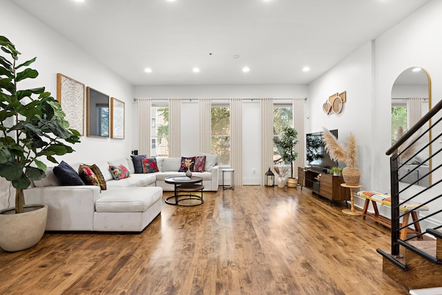 297 Montgomery St Unit 2, Jersey City, NJ 07302 - living area featuring stairway, wood finished floors, and recessed lighting