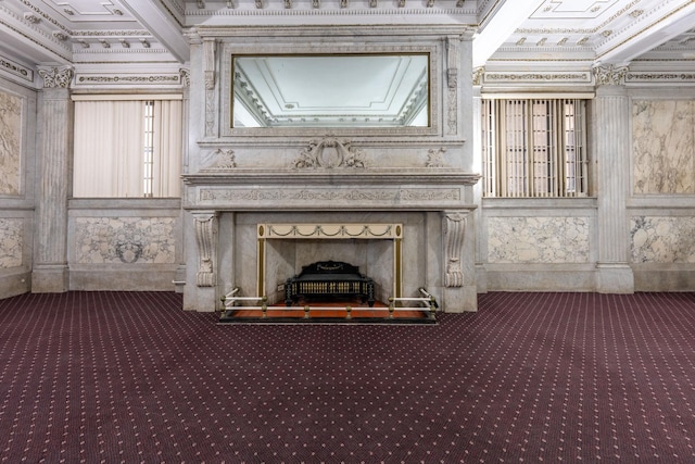interior space with carpet floors and ornamental molding
