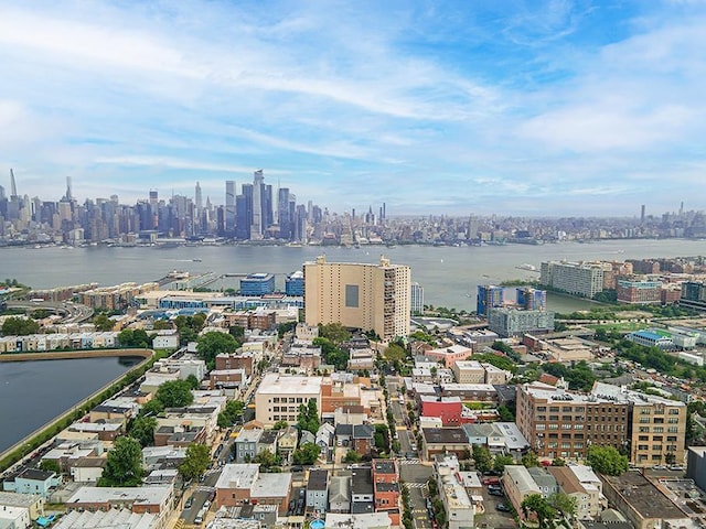 aerial view featuring a water view