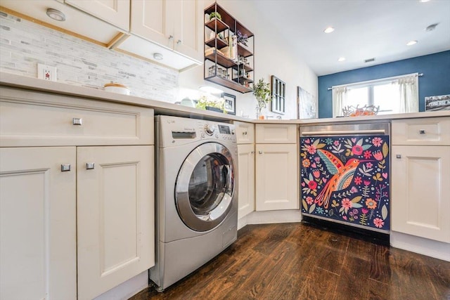351 5th St Unit 3, Jersey City, NJ 07302 - laundry room featuring washer / clothes dryer, cabinet space, dark wood-type flooring, and recessed lighting