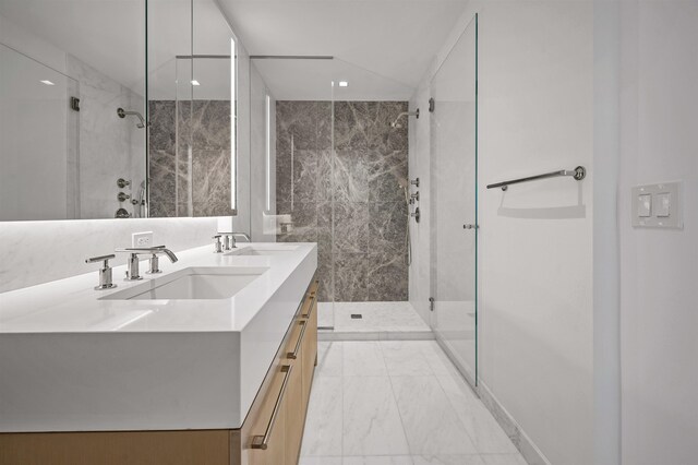 75 Park Ln S Unit 1912, Jersey City, NJ 07310 - bathroom with marble look tile flooring, a marble finish shower, double vanity, and recessed lighting