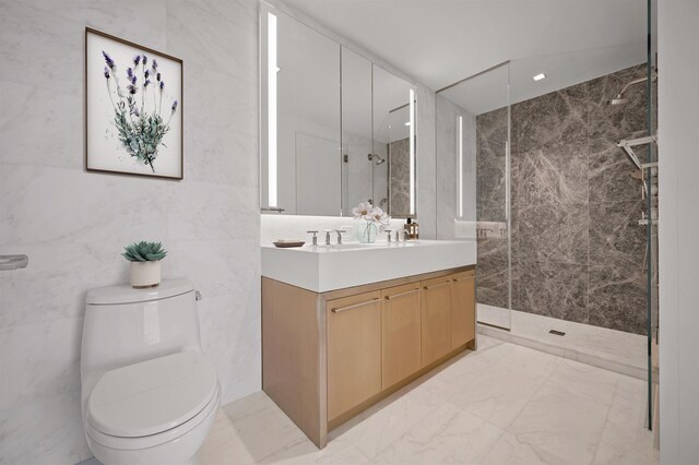 75 Park Ln S Unit 1912, Jersey City, NJ 07310 - bathroom featuring vanity, marble finish flooring, a marble finish shower, and toilet