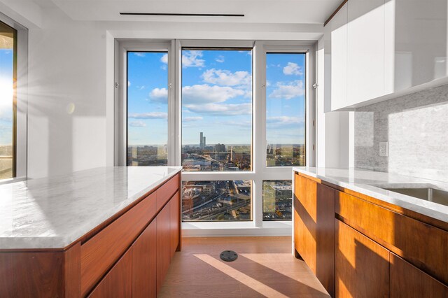 75 Park Ln S Unit 1912, Jersey City, NJ 07310 - kitchen featuring light stone counters, light wood-style flooring, modern cabinets, and white cabinets