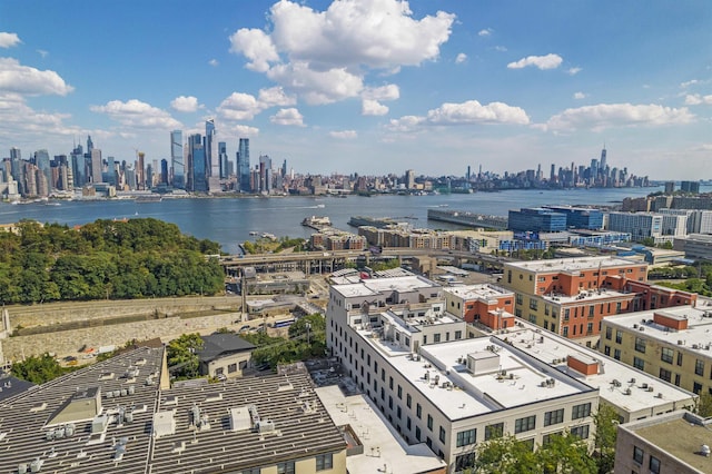 aerial view with a view of city and a water view