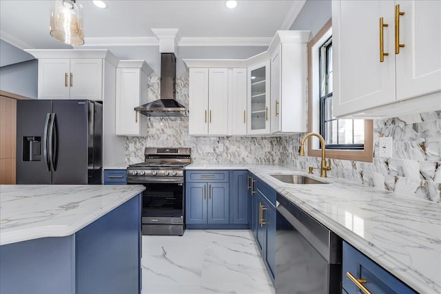 kitchen featuring wall chimney exhaust hood, stainless steel gas range, black fridge with ice dispenser, and blue cabinets