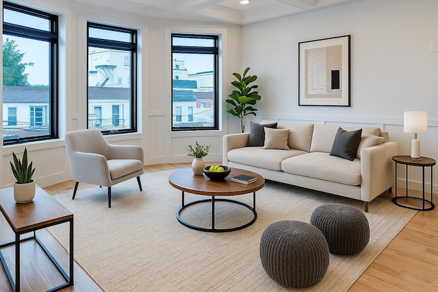 141 Sherman Ave Unit 2, Jersey City, NJ 07307 - living room featuring wood finished floors, coffered ceiling, beam ceiling, and recessed lighting