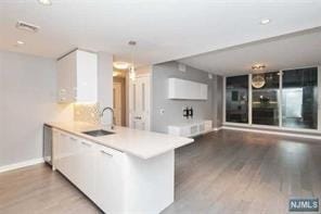 1200 Avenue At Port Imperial Unit 519, Weehawken, NJ 07086 - kitchen featuring wood finished floors, a peninsula, white cabinets, light countertops, and recessed lighting