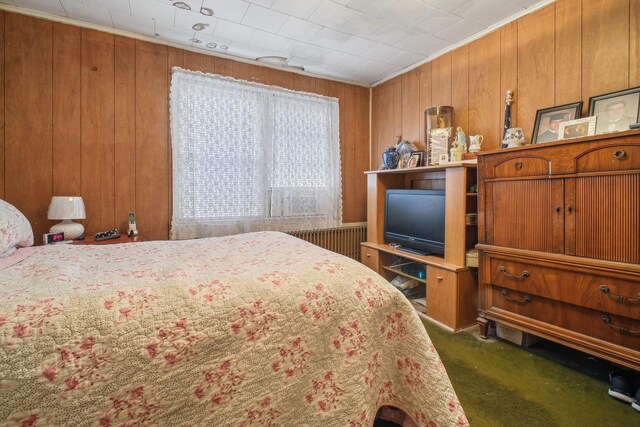 419 2nd St, Jersey City, NJ 07302 - carpeted bedroom with radiator heating unit and wooden walls