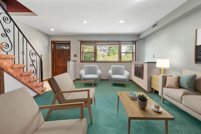 22 W 34th St Unit G, Bayonne, NJ 07002 - living room featuring carpet, recessed lighting, and stairway