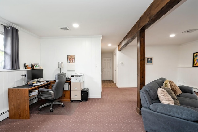 151 Mount Pleasant Ave, Dover Town, NJ 07801 - carpeted home office featuring recessed lighting, crown molding, baseboards, and a baseboard radiator