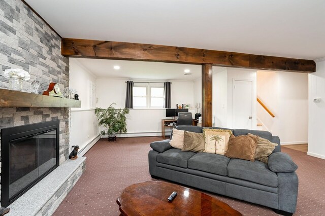 151 Mount Pleasant Ave, Dover Town, NJ 07801 - living room with carpet, beamed ceiling, a baseboard heating unit, stairway, and a baseboard radiator