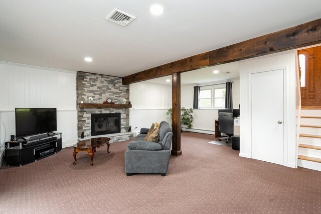151 Mount Pleasant Ave, Dover Town, NJ 07801 - carpeted living room with baseboard heating, stairs, recessed lighting, a desk, and a fireplace
