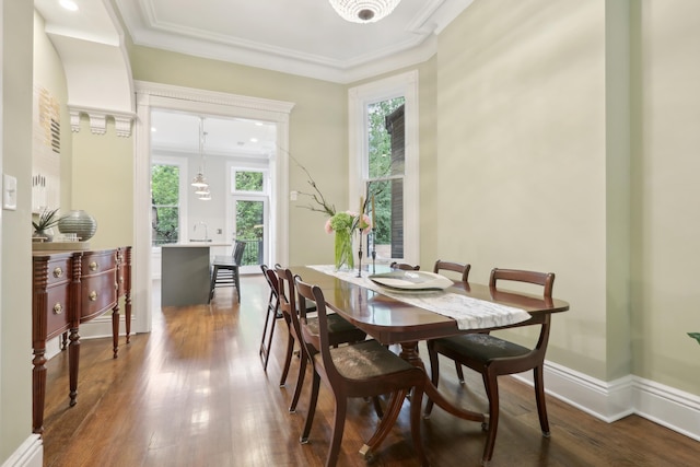 254 4th St, Jersey City, NJ 07302 - dining area featuring dark wood-style flooring and crown molding