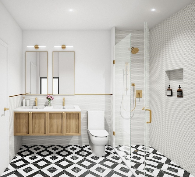 17 Leonard St Unit 1, Jersey City, NJ 07307 - full bathroom featuring a stall shower, double vanity, toilet, tile walls, and tile patterned floors