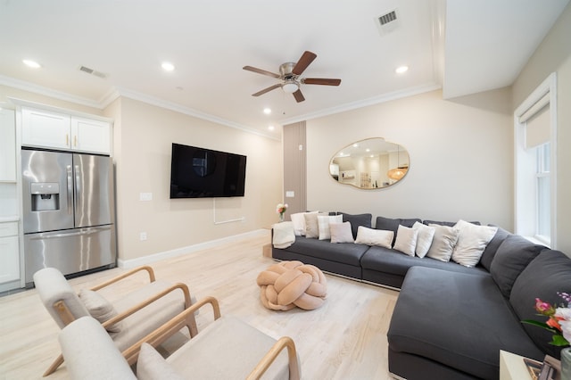 549 Palisade Ave Unit 2, Jersey City, NJ 07307 - living room with a ceiling fan, light wood-style floors, recessed lighting, and crown molding