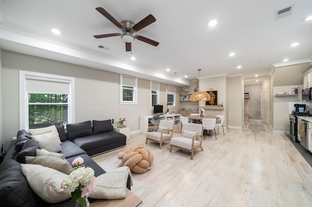 549 Palisade Ave Unit 2, Jersey City, NJ 07307 - living room featuring crown molding, a ceiling fan, recessed lighting, and light wood-style floors
