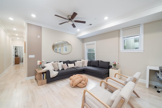 549 Palisade Ave Unit 2, Jersey City, NJ 07307 - living room with crown molding, light wood finished floors, recessed lighting, and ceiling fan