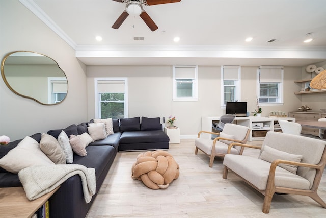 549 Palisade Ave Unit 2, Jersey City, NJ 07307 - living area featuring crown molding, light wood-style floors, ceiling fan, and recessed lighting