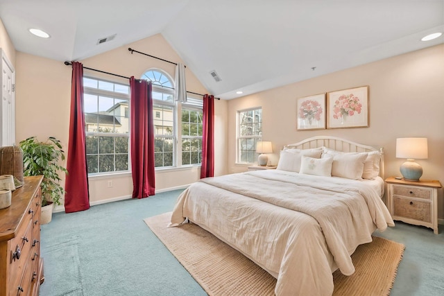 carpeted bedroom with vaulted ceiling, recessed lighting, baseboards, and visible vents