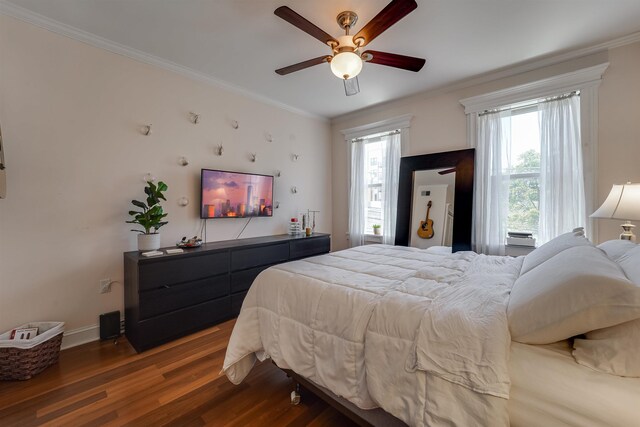 380 7th St Unit 2A, Jersey City, NJ 07302 - bedroom with wood finished floors, crown molding, and a ceiling fan