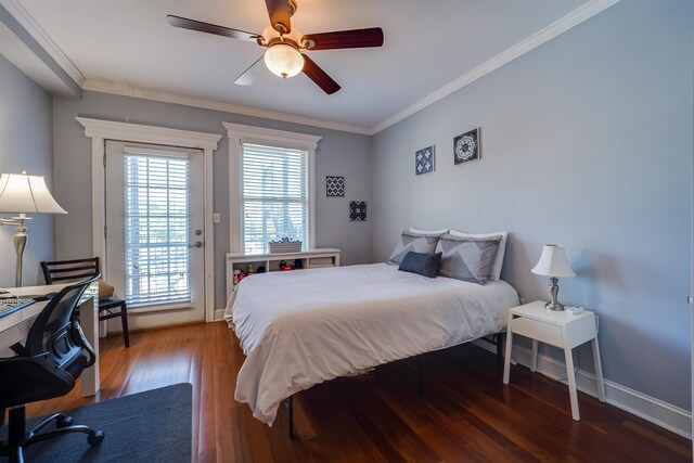 380 7th St Unit 2A, Jersey City, NJ 07302 - bedroom featuring wood finished floors, crown molding, an office area, access to exterior, and a ceiling fan