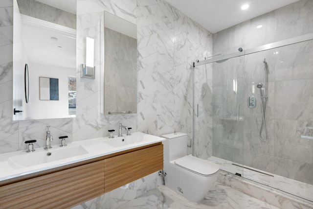 391 1st St Unit 3-B, Jersey City, NJ 07302 - full bath with tile walls, a marble finish shower, double vanity, toilet, and tasteful backsplash