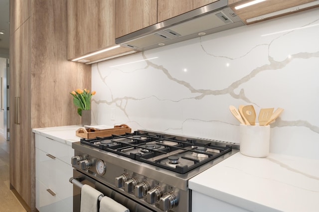 48 Coles St Unit 2, Jersey City, NJ 07302 - kitchen featuring stainless steel range with gas stovetop, under cabinet range hood, modern cabinets, and white cabinets